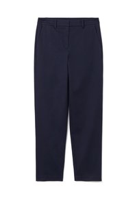 Granatowe spodnie o prostym kroju, wykonane z gładkiego materiału, z przednimi kieszeniami i płaskim paskiem w talii.