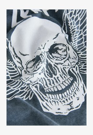 Graafilise kujundusega t-särk, millel on helevalgel taustal esile tõstetud valge koljupilt tiibadega tumedhallil taustal; pehme kangas sileda tekstuuriga.