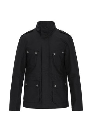 Jachetă neagră cu guler înalt, patru buzunare frontale, nasturi decorativi și epoleți pe umeri. Confecționată dintr-un material texturat.