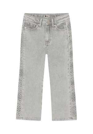 Lysegrå denim jeans med lige ben, fem-lomme stil og blomsterbroderi, der løber ned ad begge ydre sømme.