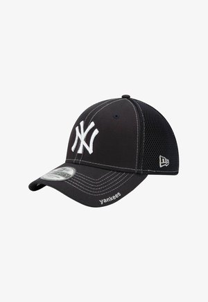 Black New York Yankees baseball cap with white logo, mesh back, and "Yankees" text embroidered on the brim edge.