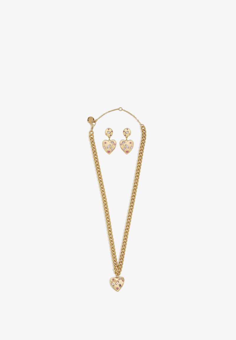 Gold-tone jewelry set featuring a chunky chain necklace with a heart pendant and heart-shaped earrings, adorned with pink and purple accents.