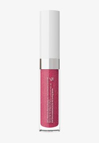 Gloss à lèvres dans un tube transparent avec un capuchon blanc ; teinte rose vif avec paillettes ; texture lisse ; détails argentés à la base.