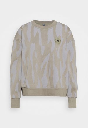 Beige og lysegrå mønstret langærmet sweatshirt med ribstrikkede manchetter og kant, med et lille rundt logo på brystet.