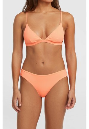 Oranges Bikini-Set mit einem dreieckigen Bralette-Top mit dünnen Trägern und passenden, tief sitzenden Hosen. Glatter, dehnbarer Stoff.