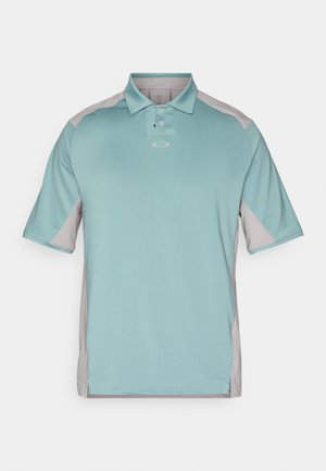 Men's polo shirt in light blue with gray accents, short sleeves, and a collar. Features a logo at the chest and a lightweight, smooth texture.