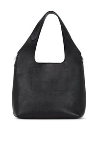 Sac hobo en cuir noir avec une texture lisse, une large bandoulière et une poche avant. Présente une forme arrondie et un design minimaliste.
