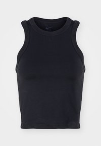 Czarny bezrękawnik crop top wykonany z gładkiego, elastycznego materiału. Charakteryzuje się okrągłym dekoltem i minimalną ilością szwów. Logo widoczne wewnątrz kołnierza.