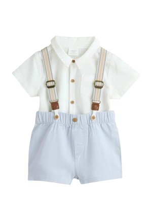 White short-sleeve collared shirt with brown buttons, light blue shorts, and striped suspenders attached with brown leather accents.