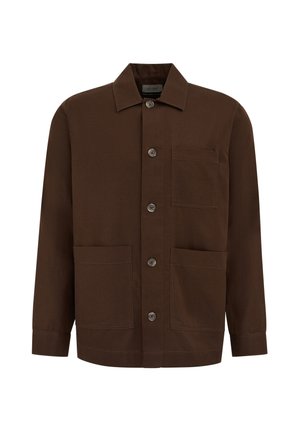 Barna, hosszú ujjú, gombos ing gallérral és három első zsebbel, egyszínű anyagból készült.