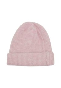 Berretto lavorato a maglia rosa con texture a coste, dotato di risvolto. Materiale morbido che offre calore e comfort.