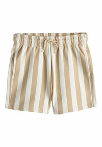 Beige-weiße gestreifte Shorts mit elastischem Bund und Kordelzug. Mit zwei Seitentaschen und weichem, strukturiertem Stoff.