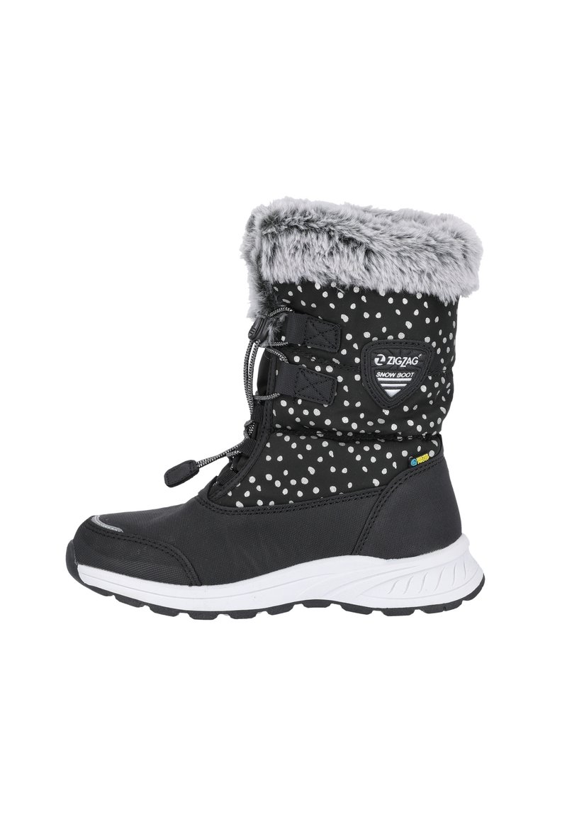 Schwarzer Schneeschuh mit weißen Punkten, aus synthetischem Material, mit Kunstfellkragen und schwarzen Schnürsenkeln. Verfügt über eine weiße Gummisohle für besseren Halt.