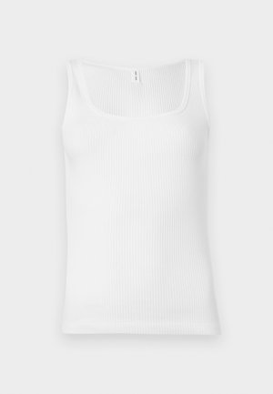 White ribbed tank top featuring a square neckline and thin straps, with a smooth texture and a fitted design.