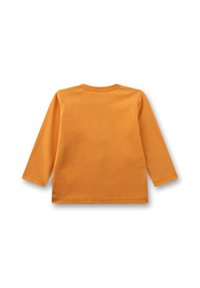 Beige-langärmliges Shirt für Kleinkinder in Orange, flach ausgelegt, zeigt die Rückseite mit Rundhalsausschnitt und einem kleinen Seitenschild.