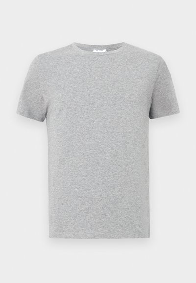 Sivý tričko s krátkym rukávom vyrobené z jemnej bavlnenej zmesi, s klasickým okrúhlym výstrihom, hladkým povrchom a minimalistickým dizajnom.