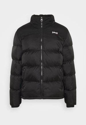 Doudoune noire avec col haut, fermeture éclair avant et poches latérales. Présente un design matelassé et un logo sur la poitrine gauche.