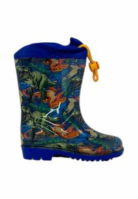 Stivale da pioggia in gomma con cima blu, vivaci motivi di dinosauri in colori variati e un cordino per la regolazione. Suola strutturata per una migliore aderenza.
