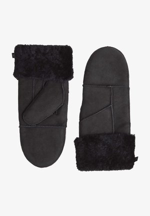 Zwarte suede wanten met een pluche zwarte bont manchet. Heeft een aparte duimsectie en gestikte accenten voor structuur en duurzaamheid.