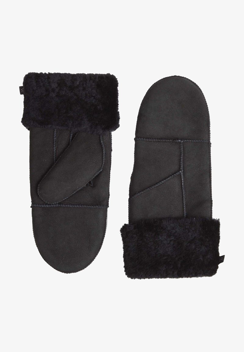 Czarne zamszowe rękawiczki z puszystym czarnym futrzanym mankietem. Posiadają oddzielną sekcję na kciuk i naszywane akcenty dla dodatkowej struktury i trwałości.