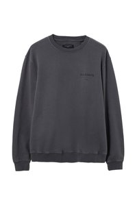 Sweat-shirt gris foncé col rond avec manches longues et logo "ALLSAINTS" imprimé sur le côté gauche de la poitrine.