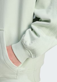 Svetlozelená mikina s kapucňou, s textúrovanými rukávmi a prednou vreckom. Viditeľný je mäkký materiál, rebrované manžety a švy.