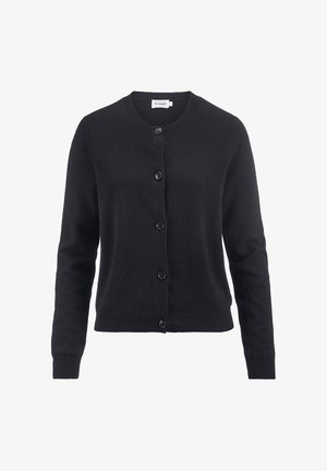 Zwarte cardigan van zachte stof, met een ronde hals, lange mouwen en zes knopen aan de voorkant voor sluiting.