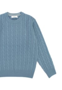 Light blue cable-knit sweater with ribbed cuffs and collar. Features textured pattern throughout. Made of soft, knitted fabric.
