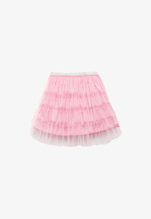 Jupe en tulle rose à plusieurs couches avec un design volanté. Dotée d'une ceinture élastique argentée et d'une doublure douce. Texture légère et aérienne.