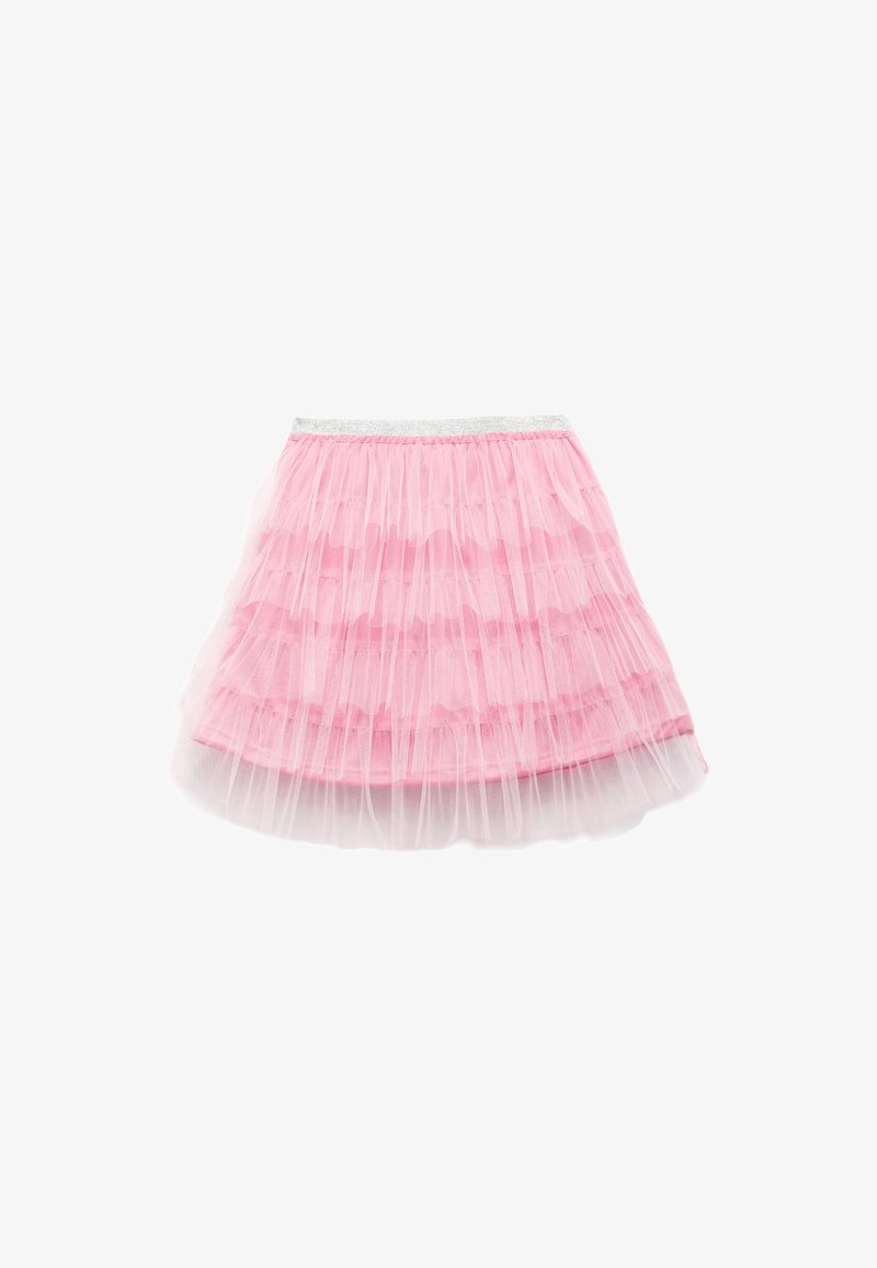 Jupe en tulle rose à plusieurs couches avec un design volanté. Dotée d'une ceinture élastique argentée et d'une doublure douce. Texture légère et aérienne.