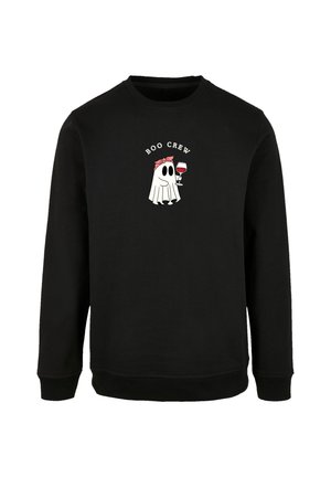 Black sweatshirt with long sleeves featuring a white ghost graphic and text "BOO CREW." Soft fabric, round neckline, and ribbed cuffs.