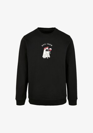 Black sweatshirt with long sleeves featuring a white ghost graphic and text "BOO CREW." Soft fabric, round neckline, and ribbed cuffs.