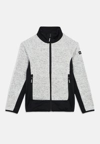 Γκρι και μαύρο τζάκετ με φερμουάρ και ψηλό γιακά, με υφή γκρι σώματος και λεία μαύρα στοιχεία, περιλαμβάνει πλευρικές τσέπες με φερμουάρ.