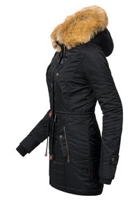 Black hooded jacket with faux fur trim, zippered pockets, adjustable drawstring waist, and ribbed cuffs. Textured fabric with a quilted design.