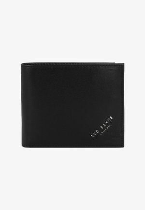 Black leather wallet with a smooth texture, featuring a subtle embossed pattern and silver "Ted Baker London" logo on the front.