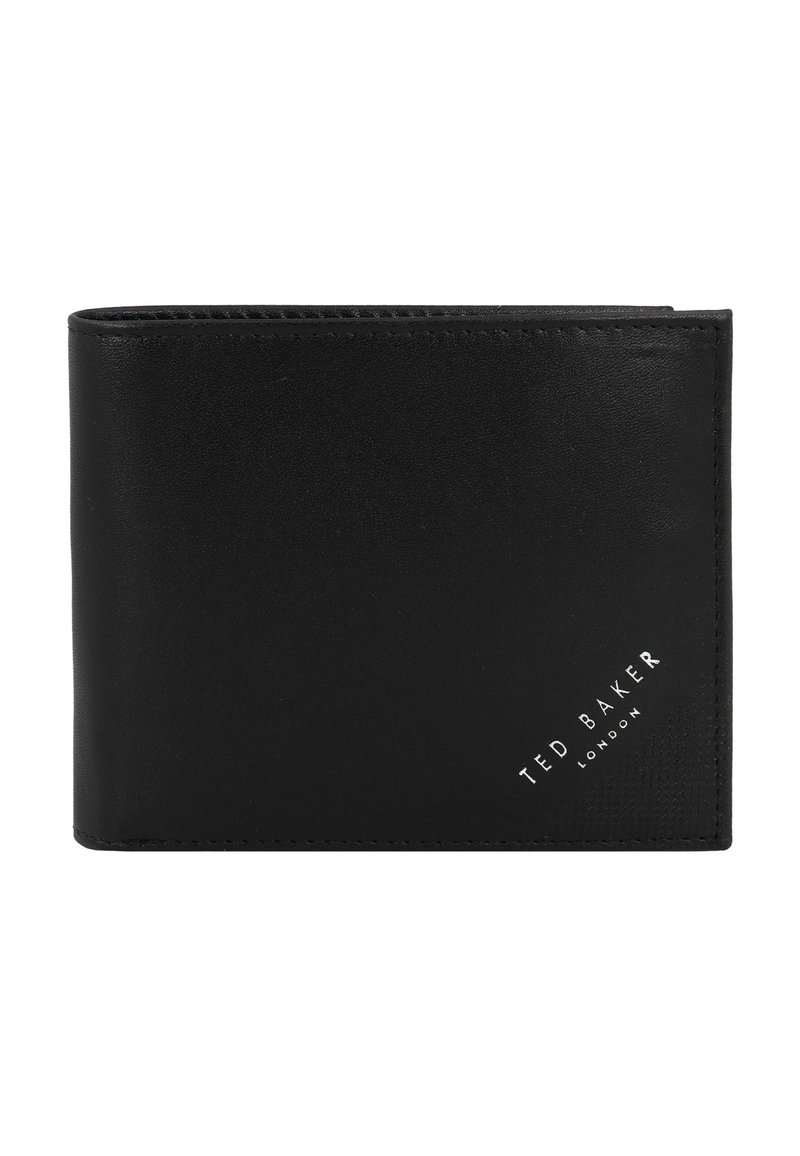 Zwarte leren portemonnee met een gladde textuur, met een subtiel geperst patroon en het zilveren "Ted Baker London" logo aan de voorkant.