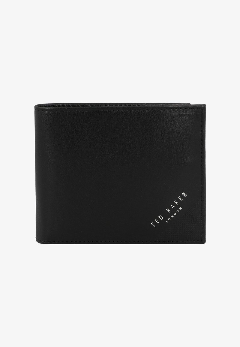 Portafoglio in pelle nera con texture liscia, caratterizzato da un delicato motivo a rilievo e dal logo argento "Ted Baker London" sul fronte.