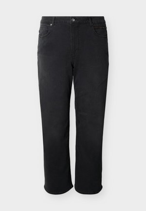 Jean noir à coupe droite avec passants pour ceinture, fermeture par bouton, poches avant et arrière, présenté sur un fond blanc.