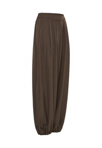 Pantalon ample marron taille haute avec poignets élastiques froncés et plis à l'avant, conçu pour une coupe décontractée.