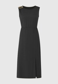 Robe noire sans manches avec une taille élastique, fente sur le côté et un accent doré à l'épaule. Fabriquée en tissu lisse avec une silhouette droite.