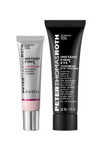 Deux tubes de soin pour la peau : un tube argenté et rose de 10 ml étiqueté "Remplisseur de lèvres raffermissant instantané" et un tube noir de 30 ml étiqueté "Yeux raffermissants instantanés".