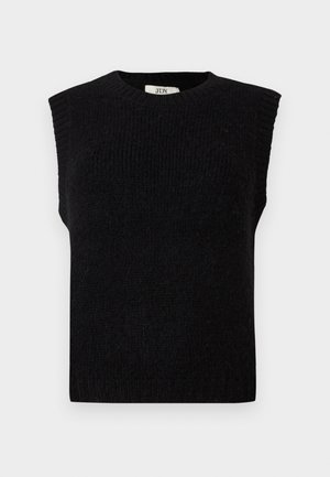 Schwarzes ärmelloses Strickoberteil mit rundem Halsausschnitt. Verfügt über einen strukturierten Stoff und leicht erhöhte Schultern. Sauberes, schlichtes Design.