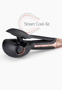 Automated hair curler with a black body, rose gold accents, a rounded shape, textured grip, and control buttons on the handle.