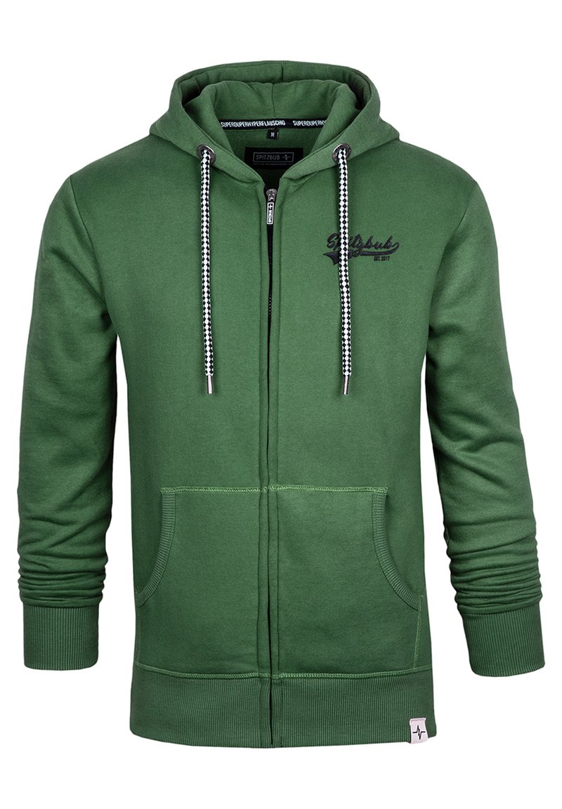 Grüne Zip-Hoodie aus weichem Stoff mit Kapuze mit Kordelzug, Fronttaschen und Kontrastdetails an den Reißverschlüssen und Nähten.