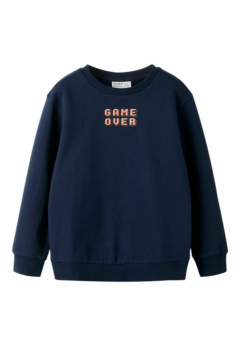 Felpa blu marina con maniche lunghe, polsini e orlo a coste. Presenta la scritta pixelata "GAME OVER" in corallo e bianco sul davanti.