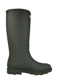 Hoge donkergroene rubberen regenlaars met een geribbelde zool en een afgeronde neus, ontworpen voor natte omstandigheden buitenshuis.