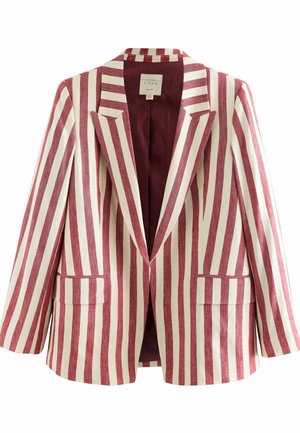 Béžový blazer s výraznými červenými a bielymi vertikálnymi pruhmi, jednoradový dizajn, s klopovými goliermi a dvoma prednými vreckami.