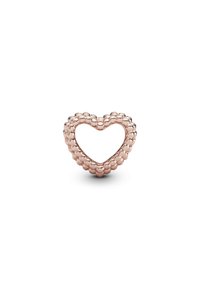 Anello a forma di cuore in oro rosa con un centro vuoto, texture caratterizzata da perline arrotondate lungo i bordi, dotato di una superficie liscia all'interno.