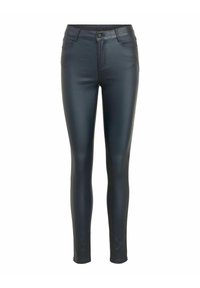 Jeans skinnys de imitación cuero negros con cintura alta, que presentan dos bolsillos frontales y un cierre de botón clásico. Textura suave con un ligero brillo.