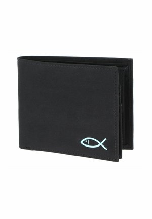 Portefeuille noir bifold avec une texture lisse et un petit symbole de poisson bleu clair dans le coin inférieur droit de la face avant.